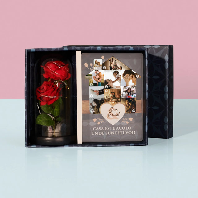 Formă Din Fotografii: Casa Părintească - Set Cadou Cu Imprimare Pe Sticlă Și Trandafirul Etern