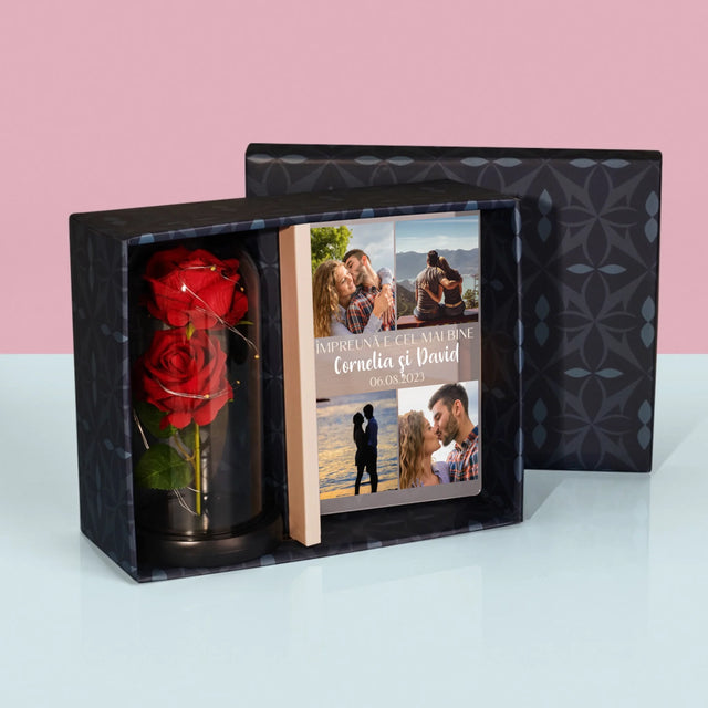 Colaj De Fotografii: Împreună E Cel Mai Bine - Set Cadou Cu Imprimare Pe Sticlă Și Trandafirul Etern