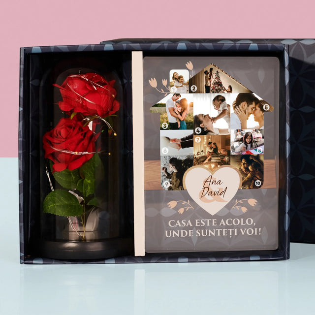Formă Din Fotografii: Casa Părintească - Set Cadou Cu Imprimare Pe Sticlă Și Trandafirul Etern