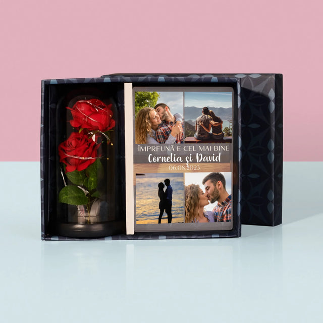 Colaj De Fotografii: Împreună E Cel Mai Bine - Set Cadou Cu Imprimare Pe Sticlă Și Trandafirul Etern