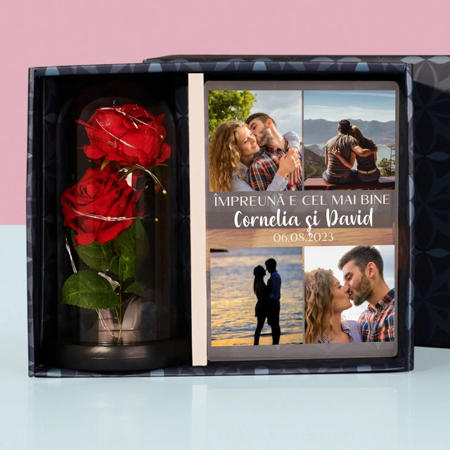 Colaj De Fotografii: Împreună E Cel Mai Bine - Set Cadou Cu Imprimare Pe Sticlă Și Trandafirul Etern