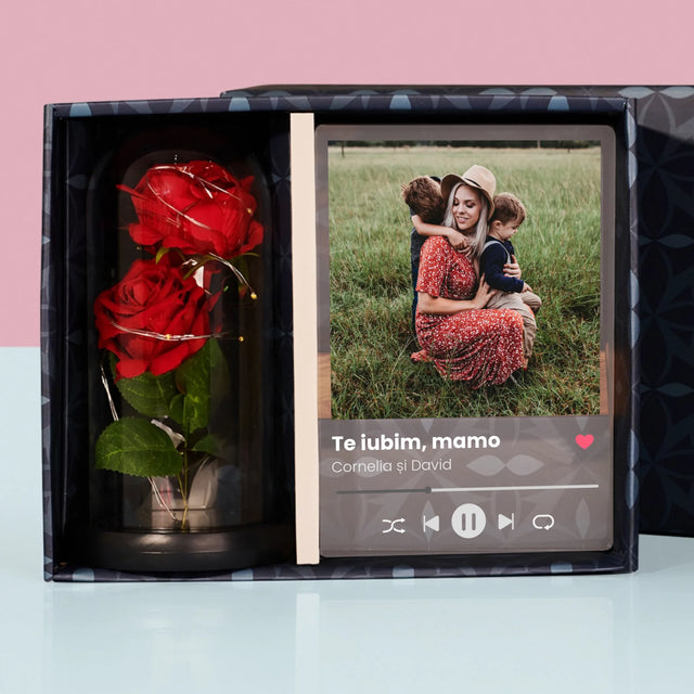 Fotografie Si Semnătură: Te Iubim Mamo - Set Cadou Cu Imprimare Pe Sticlă Și Trandafirul Etern