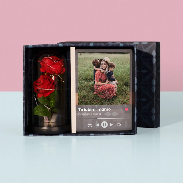 Fotografie Si Semnătură: Te Iubim Mamo - Set Cadou Cu Imprimare Pe Sticlă Și Trandafirul Etern