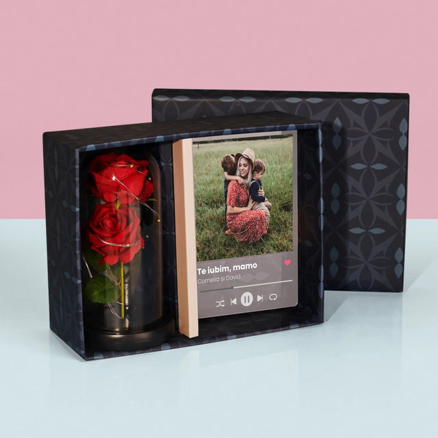 Fotografie Si Semnătură: Te Iubim Mamo - Set Cadou Cu Imprimare Pe Sticlă Și Trandafirul Etern