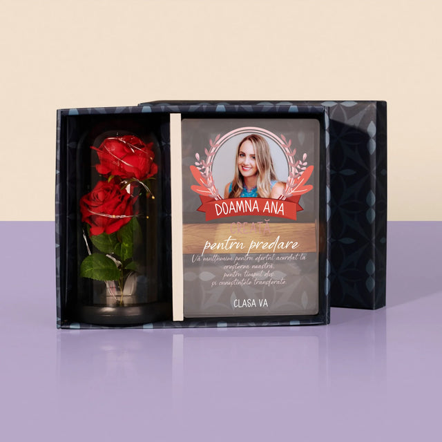 Fotografie Si Semnătură: Creată Pentru A Preda - Set Cadou Cu Imprimare Pe Sticlă Și Trandafirul Etern