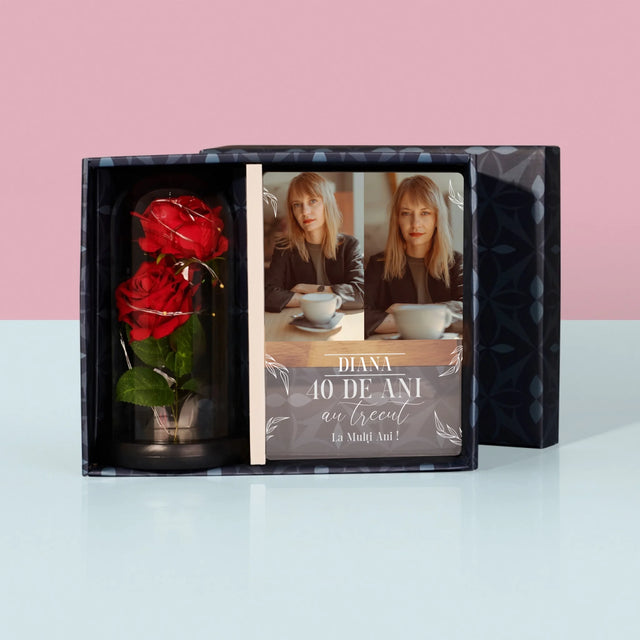 Colaj De Fotografii: Au Trecut 40 De Ani - Set Cadou Cu Imprimare Pe Sticlă Și Trandafirul Etern