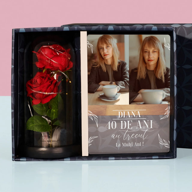 Colaj De Fotografii: Au Trecut 40 De Ani - Set Cadou Cu Imprimare Pe Sticlă Și Trandafirul Etern