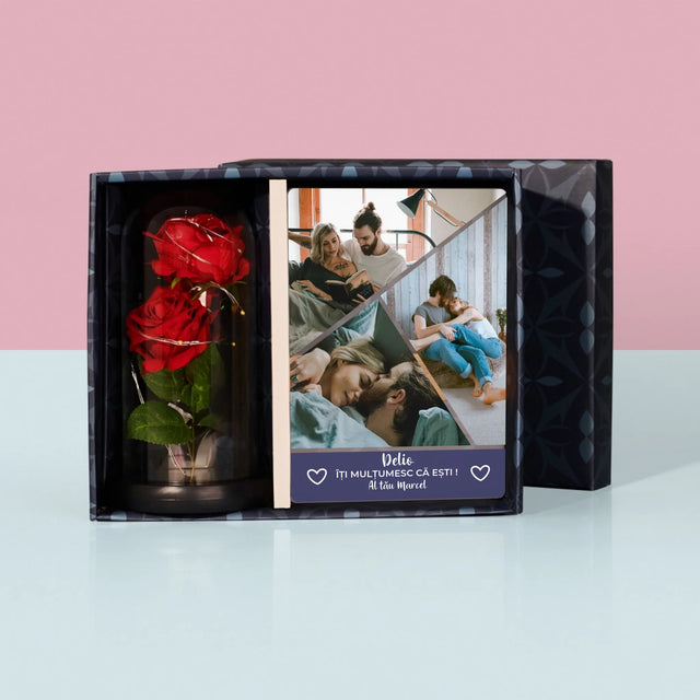 Colaj De Fotografii: Mulțumesc Că Ești - Set Cadou Cu Imprimare Pe Sticlă Și Trandafirul Etern