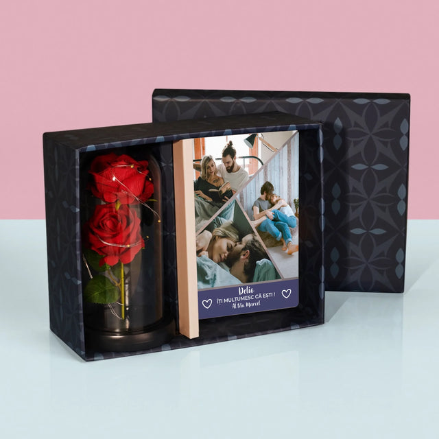 Colaj De Fotografii: Mulțumesc Că Ești - Set Cadou Cu Imprimare Pe Sticlă Și Trandafirul Etern
