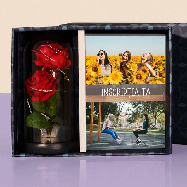 Colaj De Fotografii: 2 Fotografii Cu Inscripție - Set Cadou Cu Imprimare Pe Sticlă Și Trandafirul Etern