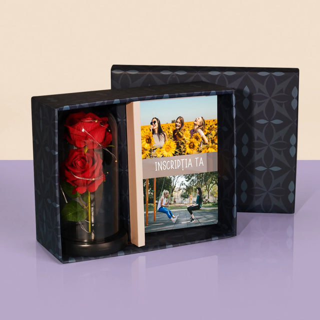 Colaj De Fotografii: 2 Fotografii Cu Inscripție - Set Cadou Cu Imprimare Pe Sticlă Și Trandafirul Etern