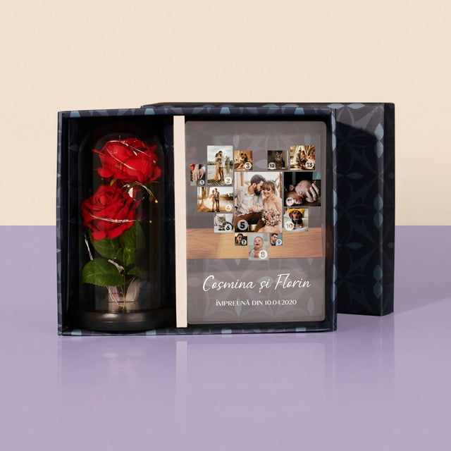 Colaj De Fotografii: Inimă - Colaj Din Fotografii - Set Cadou Cu Imprimare Pe Sticlă Și Trandafirul Etern