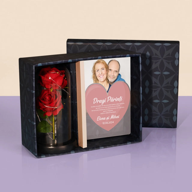 Fotografie Si Semnătură: Dragi Părinți - Set Cadou Cu Imprimare Pe Sticlă Și Trandafirul Etern