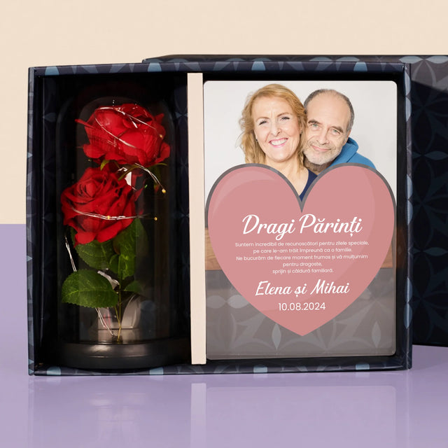 Fotografie Si Semnătură: Dragi Părinți - Set Cadou Cu Imprimare Pe Sticlă Și Trandafirul Etern