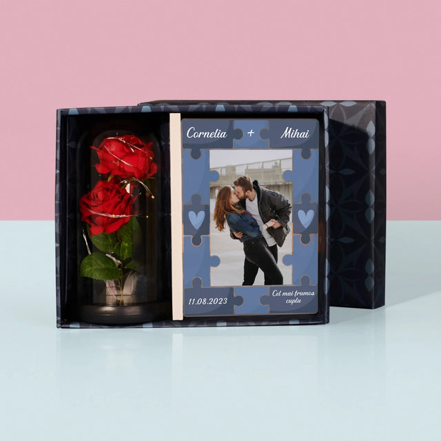 Fotografie Si Semnătură: Puzzle+Fotografie - Set Cadou Cu Imprimare Pe Sticlă Și Trandafirul Etern
