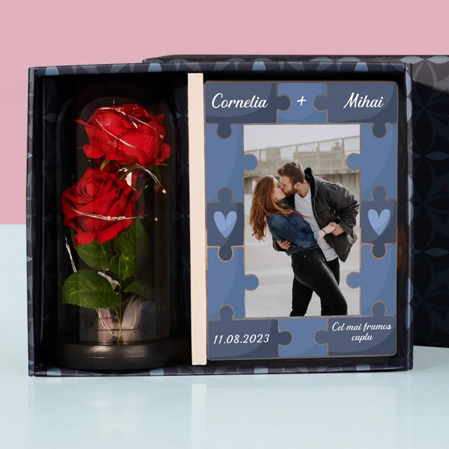 Fotografie Si Semnătură: Puzzle+Fotografie - Set Cadou Cu Imprimare Pe Sticlă Și Trandafirul Etern