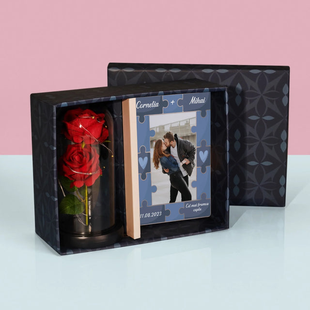 Fotografie Si Semnătură: Puzzle+Fotografie - Set Cadou Cu Imprimare Pe Sticlă Și Trandafirul Etern
