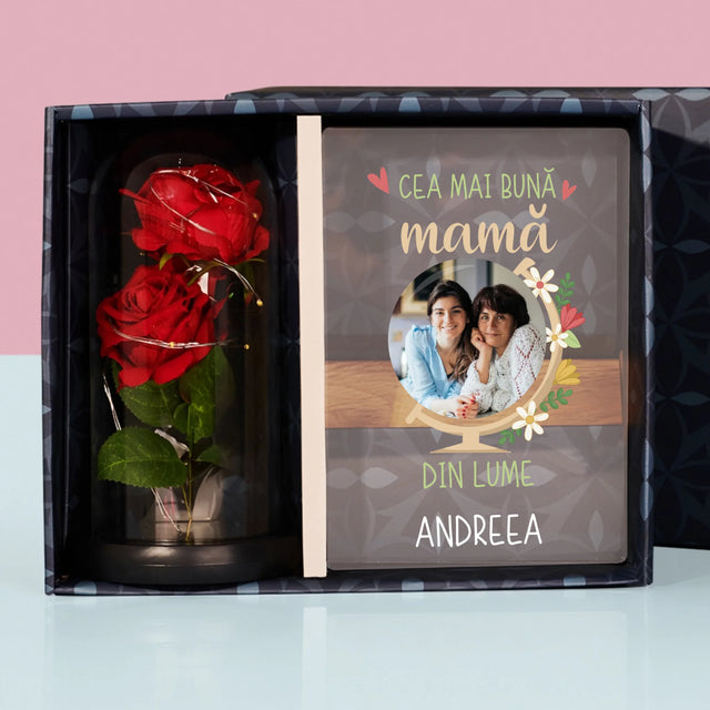 Fotografie Si Semnătură: Cea Mai Bună Mamă Lumea - Set Cadou Cu Imprimare Pe Sticlă Și Trandafirul Etern