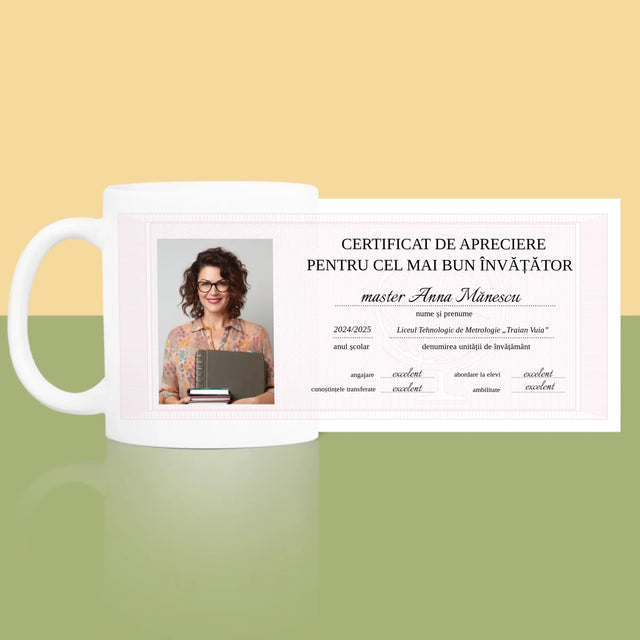 Fotografie Si Semnătură: Certificat Cel Mai Bun Învățător - Cană
