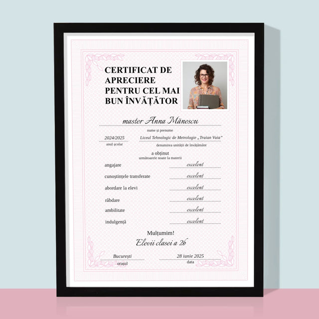 Fotografie Si Semnătură: Certificat Cel Mai Bun Învățător - Imprimare Cu Ramă 30X40 (Verticală)