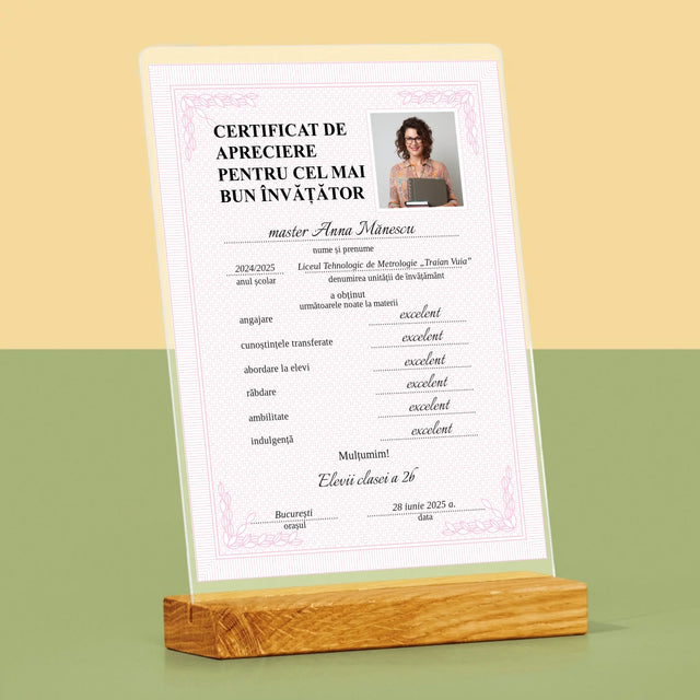 Fotografie Si Semnătură: Certificat Cel Mai Bun Învățător - Imprimare Pe Sticlă Acrilică (Verticală)