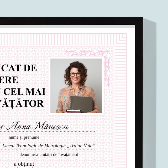 Fotografie Si Semnătură: Certificat Cel Mai Bun Învățător - Imprimare Cu Ramă 30X40 (Verticală)