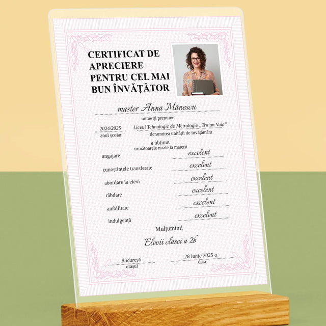 Fotografie Si Semnătură: Certificat Cel Mai Bun Învățător - Imprimare Pe Sticlă Acrilică (Verticală)