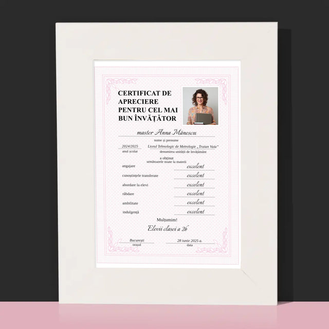 Fotografie Si Semnătură: Certificat Cel Mai Bun Învățător - Ramă Pentru Fotografii (Horizontală)