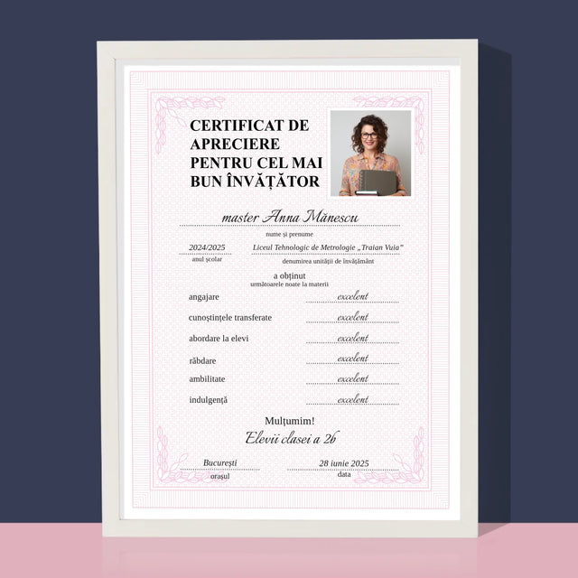 Fotografie Si Semnătură: Certificat Cel Mai Bun Învățător - Imprimare Cu Ramă 30X40 (Verticală)