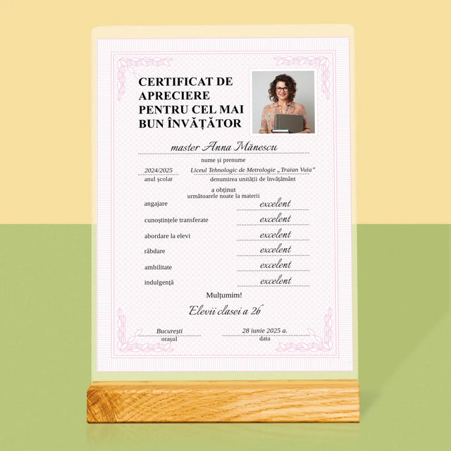 Fotografie Si Semnătură: Certificat Cel Mai Bun Învățător - Imprimare Pe Sticlă Acrilică (Verticală)