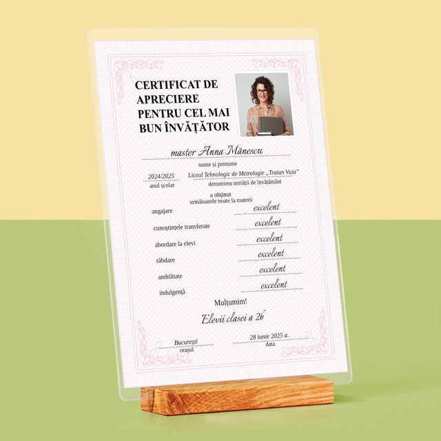 Fotografie Si Semnătură: Certificat Cel Mai Bun Învățător - Imprimare Pe Sticlă Acrilică (Verticală)