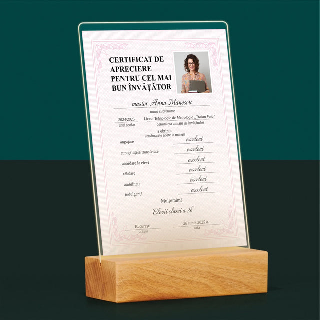Fotografie Si Semnătură: Certificat Cel Mai Bun Învățător - Imprimare Pe Sticlă Acrilică (Verticală)