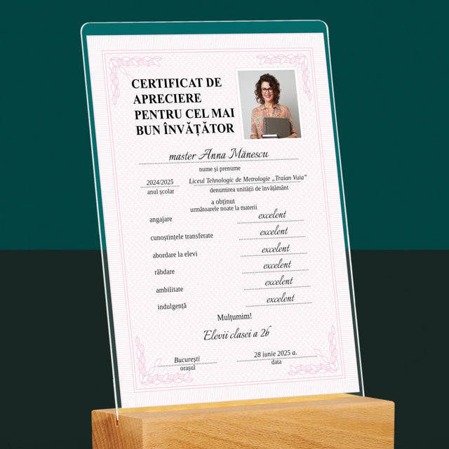 Fotografie Si Semnătură: Certificat Cel Mai Bun Învățător - Imprimare Pe Sticlă Acrilică (Verticală)