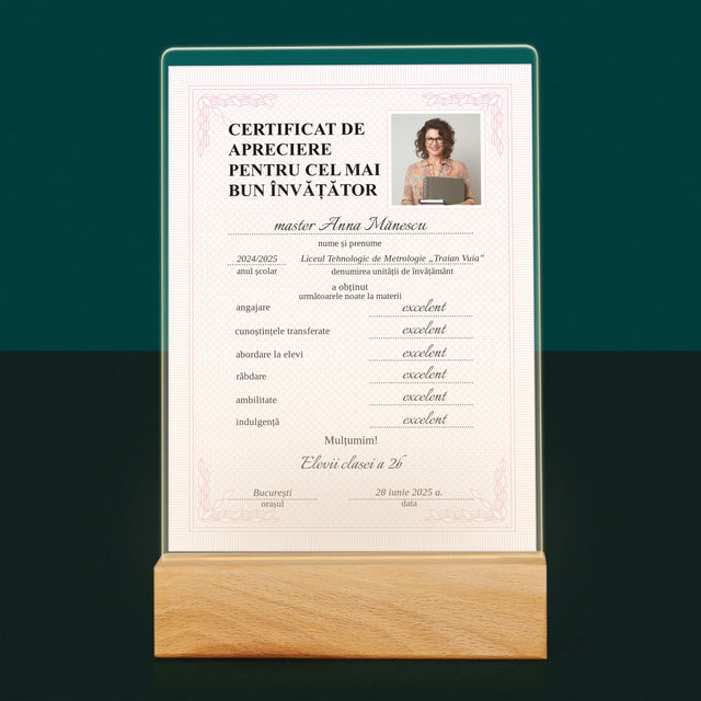 Fotografie Si Semnătură: Certificat Cel Mai Bun Învățător - Imprimare Pe Sticlă Acrilică (Verticală)