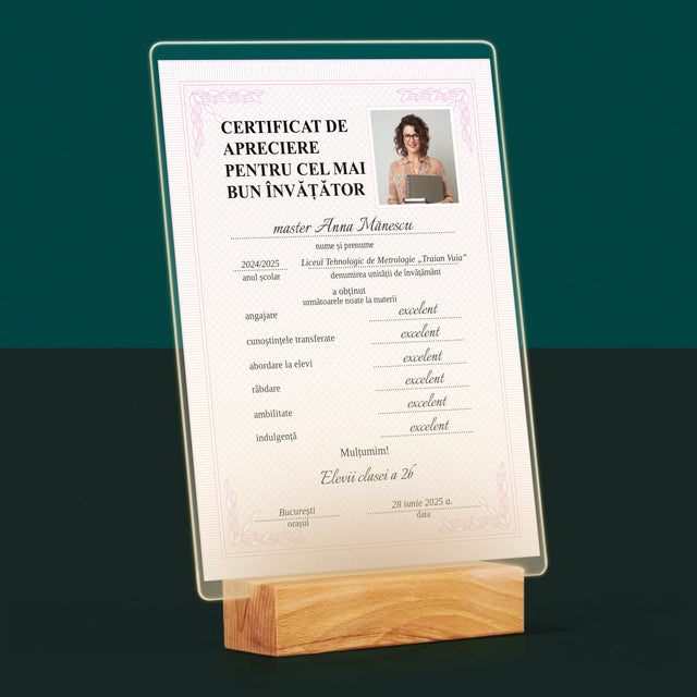 Fotografie Si Semnătură: Certificat Cel Mai Bun Învățător - Imprimare Pe Sticlă Acrilică (Verticală)