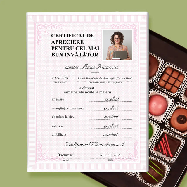 Fotografie Si Semnătură: Certificat Cel Mai Bun Învățător - Praline