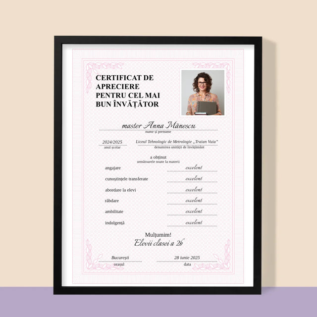 Fotografie Si Semnătură: Certificat Cel Mai Bun Învățător - Imprimare Cu Ramă 30X40 (Verticală)