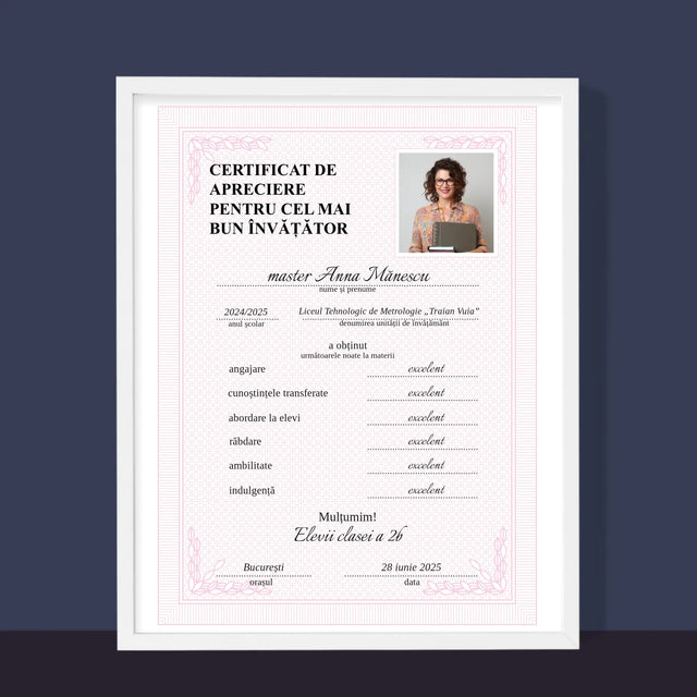 Fotografie Si Semnătură: Certificat Cel Mai Bun Învățător - Imprimare Cu Ramă 30X40 (Verticală)