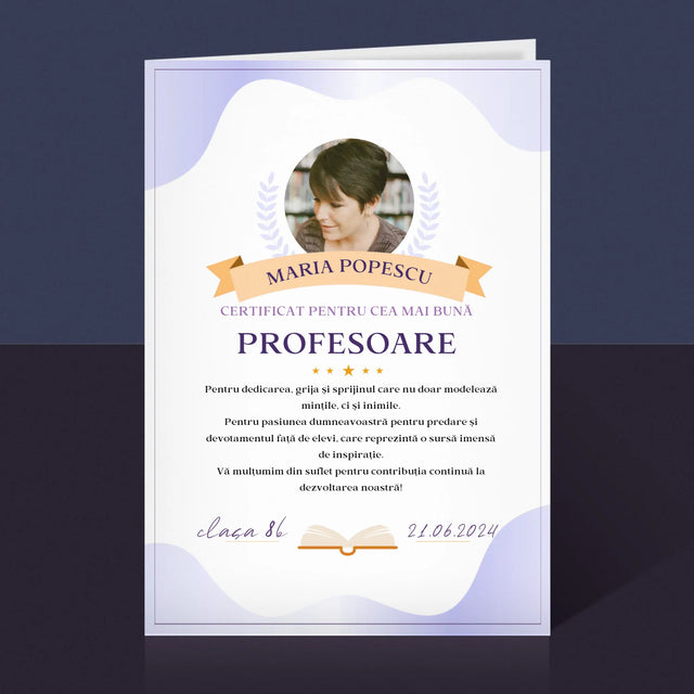 Fotografie Si Semnătură: Certificat De Recunoștință Pentru Cea Mai Bună Învățătoare - Card Cu Felicitări
