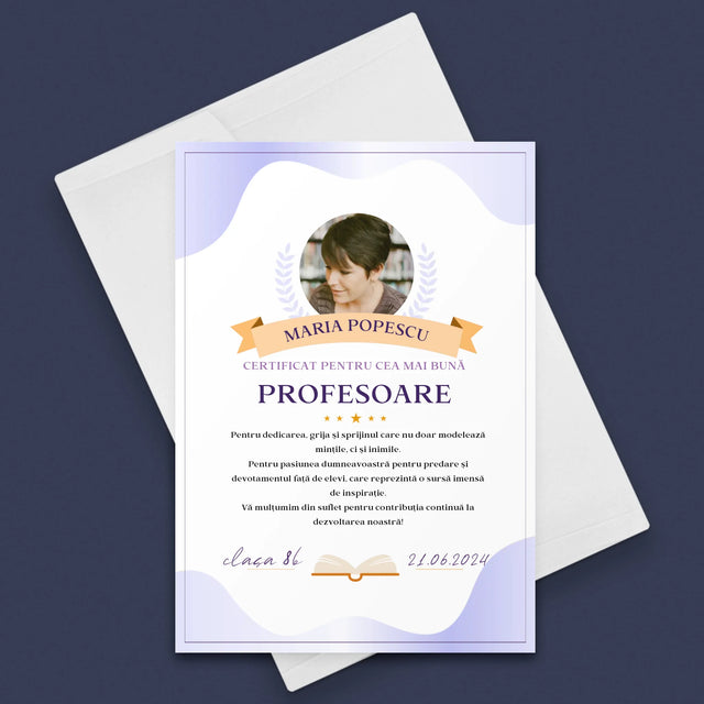 Fotografie Si Semnătură: Certificat De Recunoștință Pentru Cea Mai Bună Învățătoare - Card Cu Felicitări