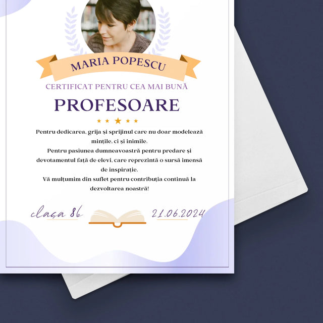 Fotografie Si Semnătură: Certificat De Recunoștință Pentru Cea Mai Bună Învățătoare - Card Cu Felicitări