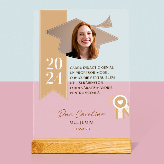 Fotografie Si Semnătură: Diplomă De Recunoștință Pentru Învățătoare - Imprimare Pe Sticlă Acrilică (Verticală)