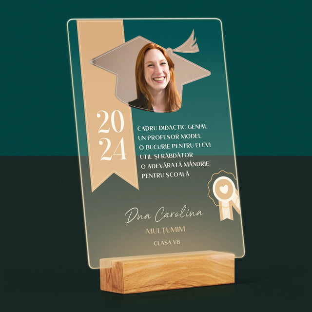 Fotografie Si Semnătură: Diplomă De Recunoștință Pentru Învățătoare - Imprimare Pe Sticlă Acrilică (Verticală)