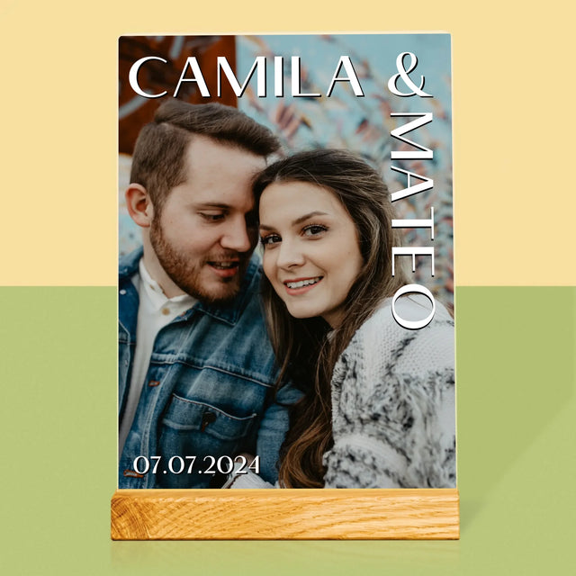 Fotografie Si Semnătură: Nume Nuntă - Imprimare Pe Sticlă Acrilică (Verticală)