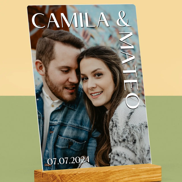 Fotografie Si Semnătură: Nume Nuntă - Imprimare Pe Sticlă Acrilică (Verticală)