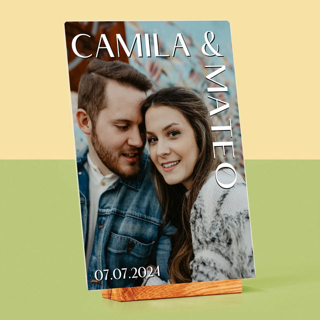 Fotografie Si Semnătură: Nume Nuntă - Imprimare Pe Sticlă Acrilică (Verticală)