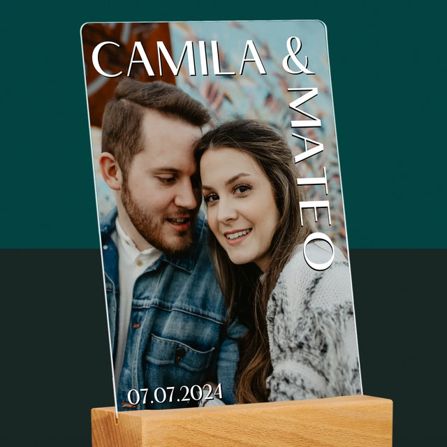 Fotografie Si Semnătură: Nume Nuntă - Imprimare Pe Sticlă Acrilică (Verticală)