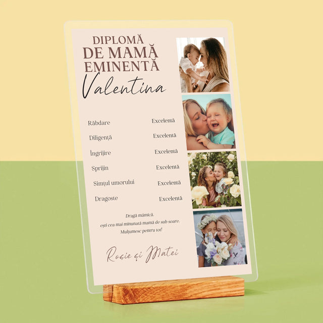 Colaj De Fotografii: Diplomă De Mamă Eminentă - Imprimare Pe Sticlă Acrilică (Verticală)