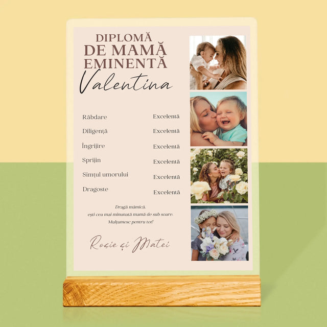 Colaj De Fotografii: Diplomă De Mamă Eminentă - Imprimare Pe Sticlă Acrilică (Verticală)