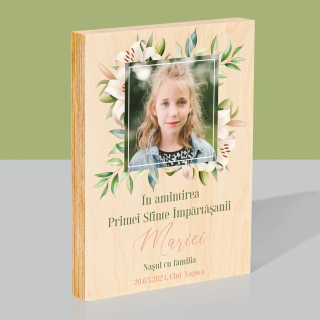 Fotografie Si Semnătură: Pentru Sărbătorirea Primei Împărtășiri - Imprimare Pe Lemn ( Verticală)